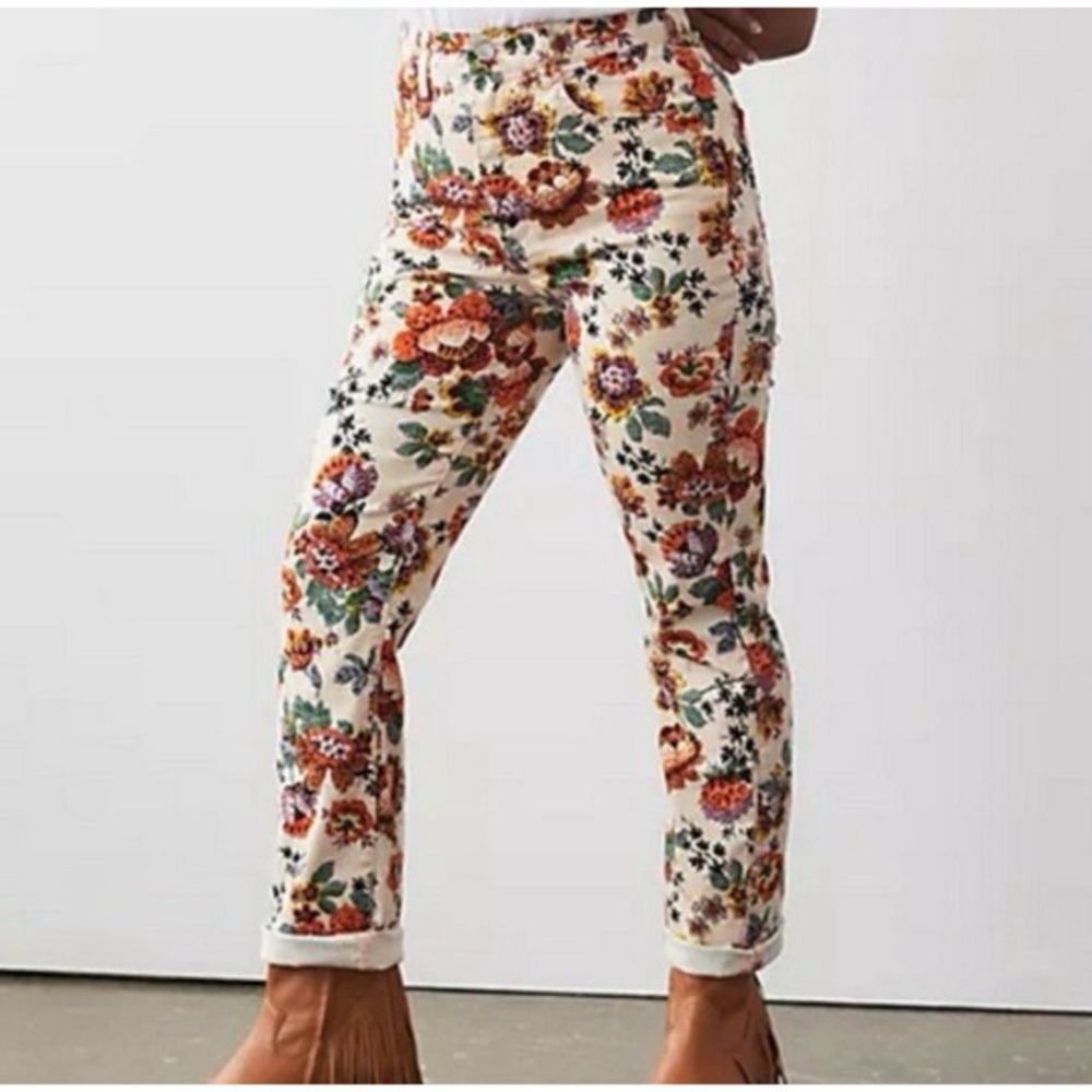 Pilcro Floral Straight Leg Pants - Cream and Red